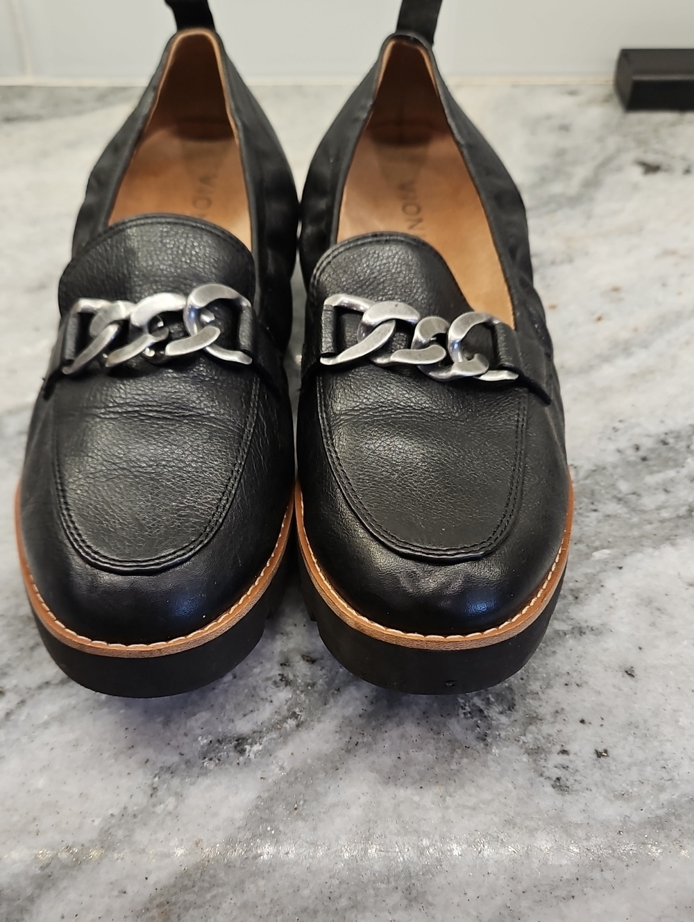 Vionic CYNTHIA Black Leather Loafers with Silver Chain Accent